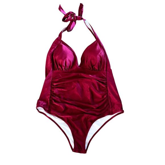 NWT Cupshe Red Tummy Control Ruched Halter Neck One Piece Swimsuit Size 2X - Picture 1 of 4